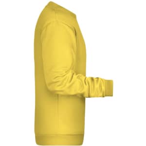 A yellow jumper with long sleeves and a side view, featuring a logo on the front.