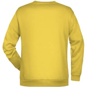 A yellow men's jumper with a plain back design, featuring a logo.