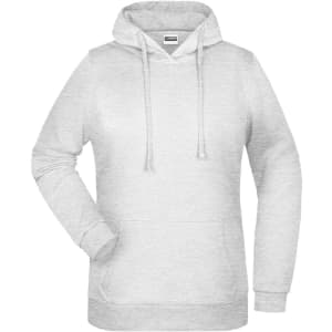 A grey ladies' hoodie features a front pocket and a drawstring hood, with a logo on the chest.