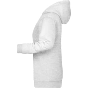 A grey ladies' hoodie featuring a front pocket and a logo. Looks stylish with a classic design.