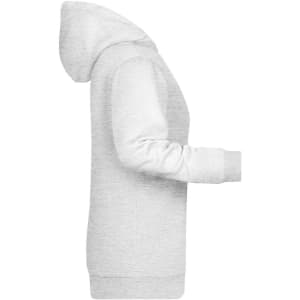 A light grey ladies hoodie with a hood, featuring long sleeves and a side view design. Includes a branding logo.