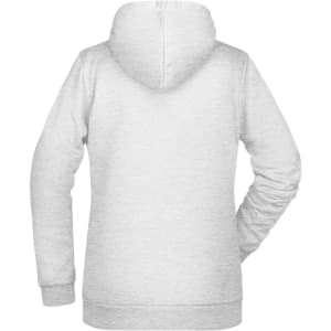 A grey hoodie with a back view, featuring a hood and long sleeves. It has a logo on the back.