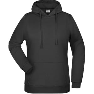 A black ladies hoodie featuring a front pocket and a drawstring hood. It has a logo on the chest.