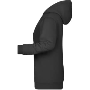 A dark grey ladies hoodie with a hood and long sleeves, featuring a logo on the front.
