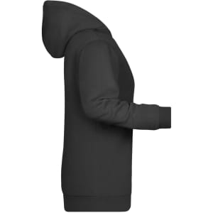 A black ladies hoodie with a front kangaroo pocket and a hood, featuring a logo.