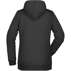 A black ladies' hoodie with a back view, featuring a hood and long sleeves. It includes a logo.