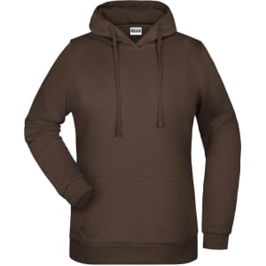 A brown hoodie featuring a front pocket and a drawstring hood, with a logo on it.