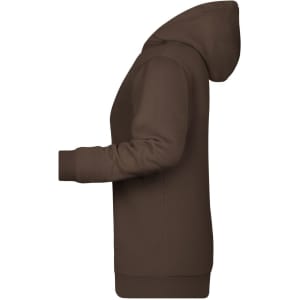A brown ladies' hoodie, featuring a hood and long sleeves, shown from the side with a smooth design and a logo.