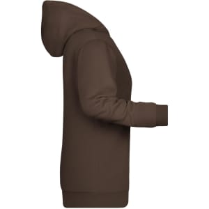 A brown ladies hoodie features a side view with a hood and long sleeves, designed for casual wear.