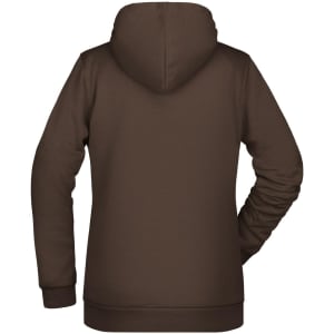 A brown ladies' hoodie with a hood, featuring a logo, viewed from the back.