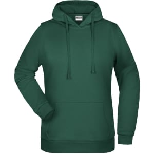 A green ladies hoodie featuring a front pocket and a hood, with an attached branding logo.