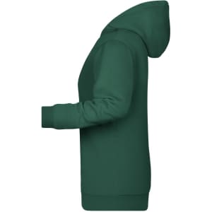 A green ladies' hoodie featuring a front pocket and a hood. The design includes a logo.