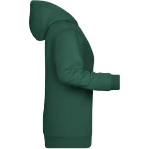 A green ladies hoodie featuring a side view with a hood and long sleeves. It has a subtle logo.