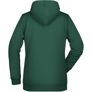 A green ladies hoodie featuring a back view and a small logo on the back.