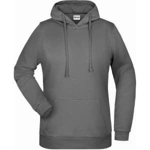 A grey ladies' hoodie featuring a front pouch pocket and a hood, complete with adjustable drawstrings.