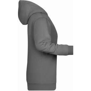 A grey ladies' hoodie with a hood, featuring long sleeves and a side view design. It has a logo on it.