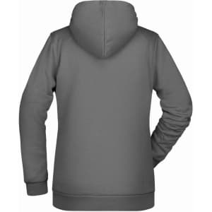 A grey ladies' hoodie featuring a back view, with a hood and long sleeves. It has a logo on the back.