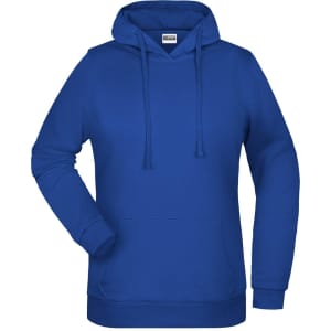 A blue ladies hoodie featuring a kangaroo pocket and a drawstring hood. The hoodie includes a logo.