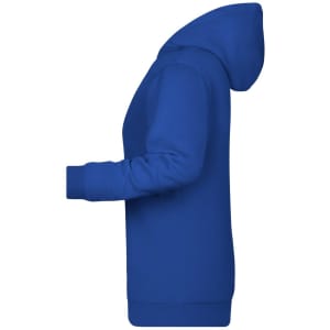 A blue ladies hoodie featuring a hood and long sleeves, with a logo on the front.