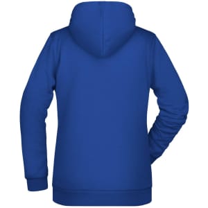 A blue ladies hoodie with a hood and long sleeves, featuring a logo on the back.