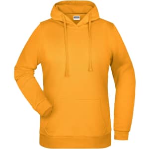 A yellow hoodie with a front pocket and a large hood, featuring a logo.