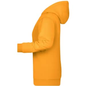A yellow ladies hoodie with a hood and long sleeves, featuring a side profile view and a logo on it.
