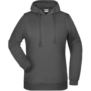 A grey ladies hoodie with a front pocket and drawstring hood, featuring branding on the label.