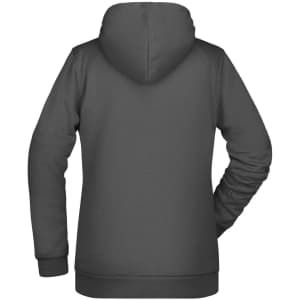 A grey ladies hoodie featuring a full hood and long sleeves, with a logo on the back.