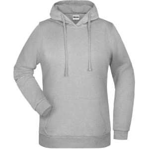 A grey ladies' hoodie with a front pocket and drawstrings, featuring a logo on the chest area.