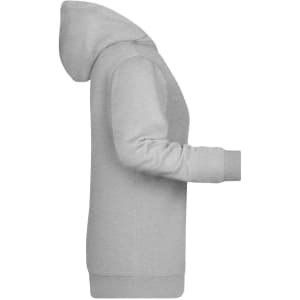 A grey ladies' hoodie with a front pocket and a hood, featuring a logo on the front side.