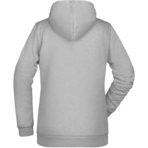 A grey ladies hoodie with a hood, featuring long sleeves and a relaxed fit. Includes a logo branding.