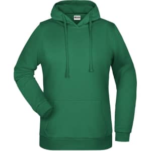 A green ladies' hoodie with a front pocket and a hood, featuring a logo on the chest.