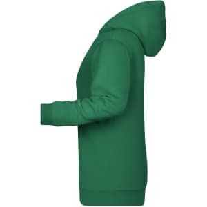 A green Ladies Promo Hoodie with a kangaroo pocket and a hood, featuring a logo on the front.