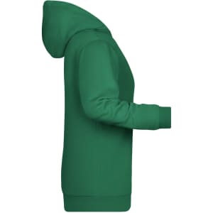 A green ladies hoodie featuring a hood and ribbed cuffs. The design is simple and has a logo.