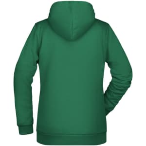 A green ladies' hoodie featuring a back view with a hood and long sleeves, including a logo.