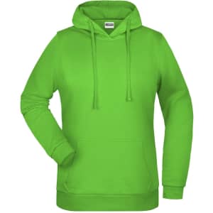 A green ladies hoodie with a front pocket and a drawstring hood. It features a logo on the chest area.