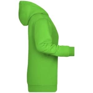A vibrant green ladies’ hoodie with a kangaroo pocket, featuring a hood and ribbed cuffs. It has a logo.