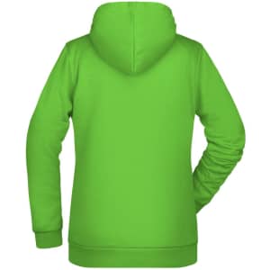 A bright green hoodie with a hood and long sleeves, featuring a logo on the back.