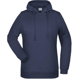 A navy blue hoodie with a front pocket and drawstring hood, featuring a logo on the chest.