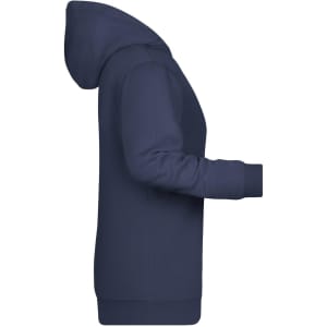A navy blue ladies hoodie featuring a hood and long sleeves, with a fitted design and a logo.