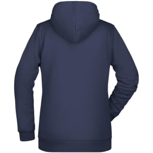 A navy blue ladies' hoodie with a kangaroo pocket and a hood, featuring a solid design and a logo.