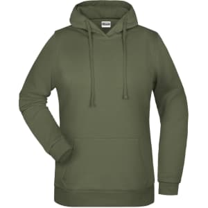 An olive green ladies hoodie featuring a front pocket and drawstring hood, with a logo branding.