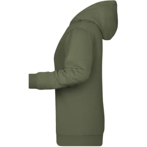 A green ladies' hoodie with a side view, featuring a hood and long sleeves. It has a branding logo.