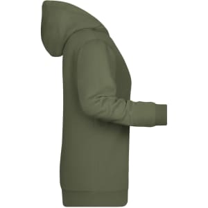 A green ladies hoodie featuring a hood and long sleeves, with a branding logo on the front.