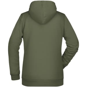 A green ladies' hoodie featuring a hood and long sleeves, with a smooth back design and a logo.