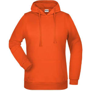 An orange hoodie featuring a kangaroo pocket and a drawstring hood, with a logo on the front.