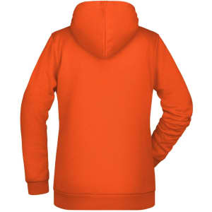 An orange hoodie with a hood and long sleeves, featuring a plain back and a fitted design.