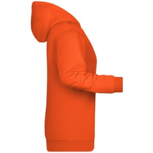 An orange ladies hoodie featuring a kangaroo pocket and a hood, with a logo on one side.