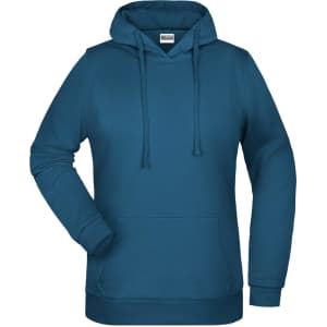 A ladies' teal hoodie featuring a front pocket and a drawstring hood, with a logo on the front.