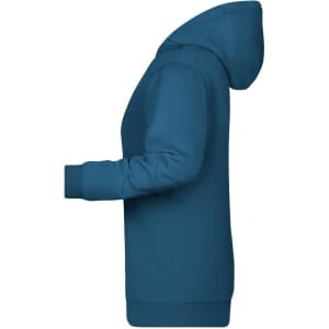 A side view of a teal Ladies Promo Hoodie featuring a hood and ribbed cuffs. The hoodie has a logo.